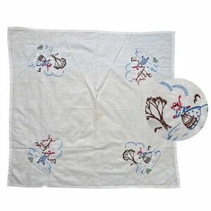 Vintage Square Tablecloth Hand Embroidered Dutch Children Winter Ice Skating